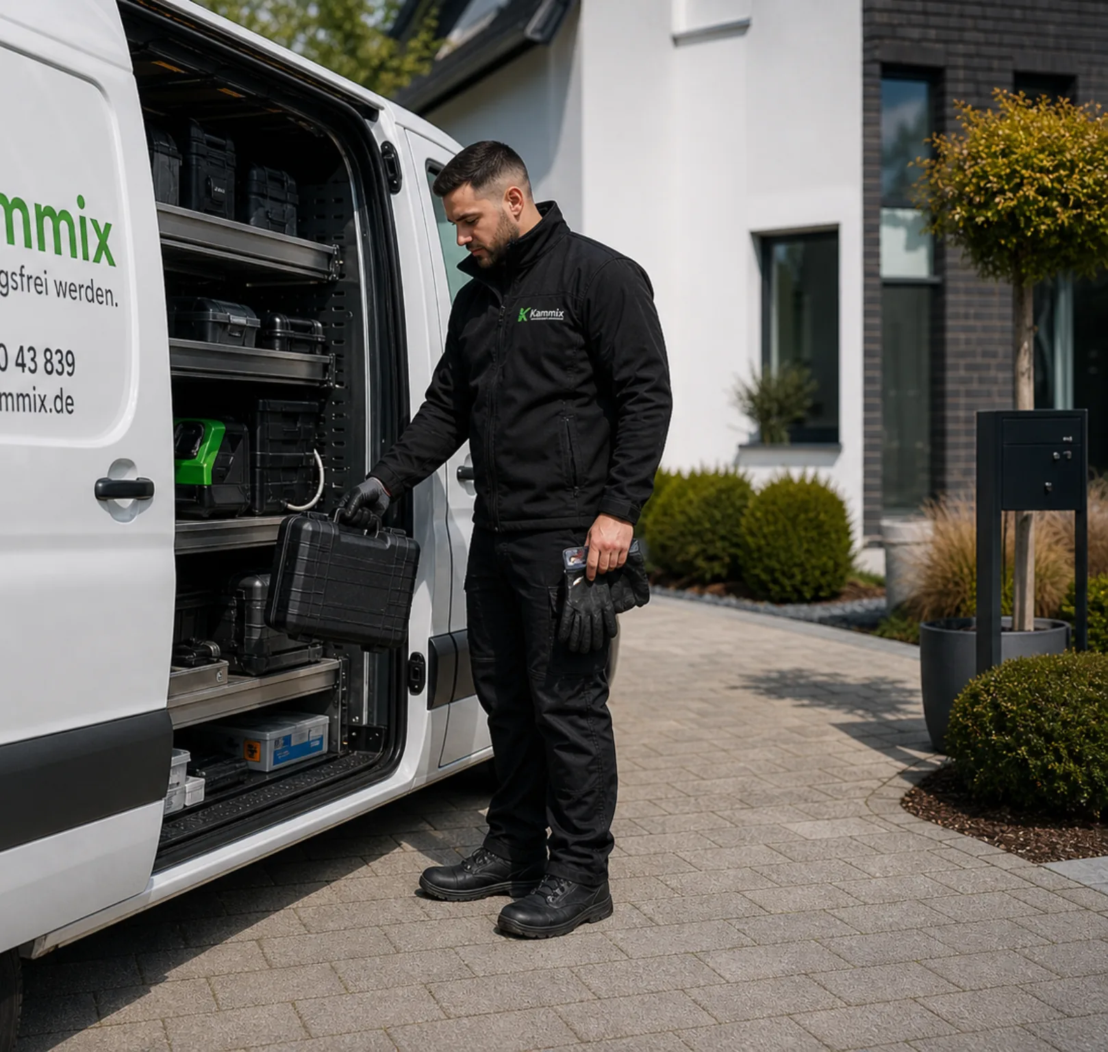Kammix Einsatzfahrzeug mit geordnetem Equipment vor modernem Objekt